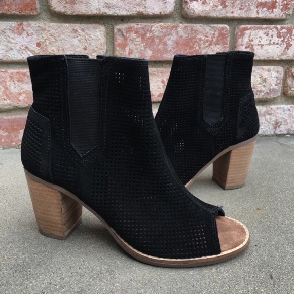Toms Shoes - TOMS Majorca Black Suede Peep Toe Bootie 6.5